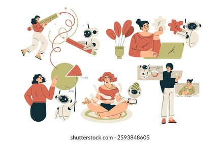 Artificial Intelligence Technology with People Character Interacting with Smart Bot Vector Set