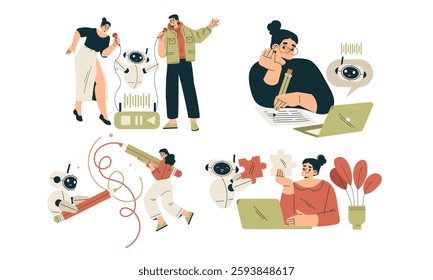 Artificial Intelligence Technology with People Character Interacting with Smart Bot Vector Set