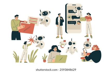 Artificial Intelligence Technology with People Character Interacting with Smart Bot Vector Set