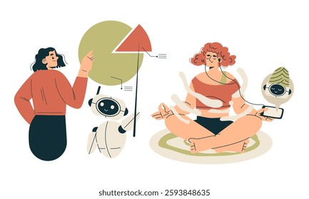 Artificial Intelligence Technology with People Character Interacting with Smart Bot Vector Set