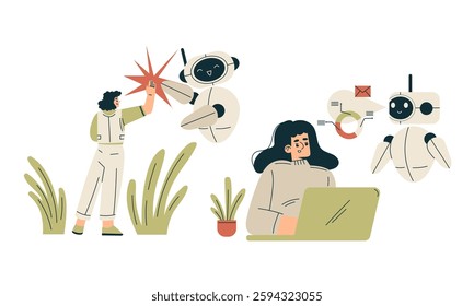 Artificial Intelligence Technology with People Character Interacting with Smart Bot Vector Set