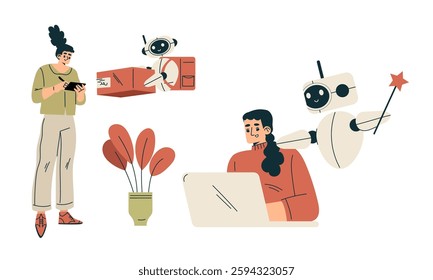Artificial Intelligence Technology with People Character Interacting with Smart Bot Vector Set