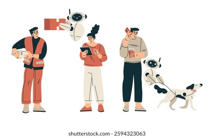 Artificial Intelligence Technology with People Character Interacting with Smart Bot Vector Set