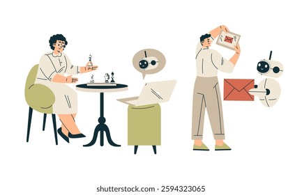 Artificial Intelligence Technology with People Character Interacting with Smart Bot Vector Set