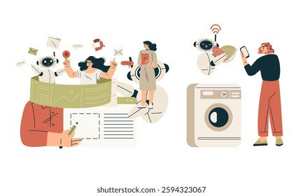 Artificial Intelligence Technology with People Character Interacting with Smart Bot Vector Set