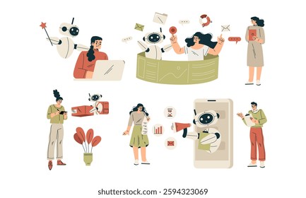 Artificial Intelligence Technology with People Character Interacting with Smart Bot Vector Set