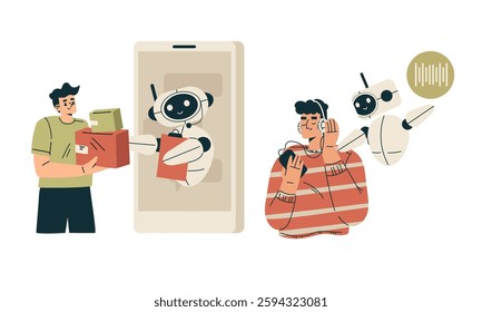 Artificial Intelligence Technology with People Character Interacting with Smart Bot Vector Set