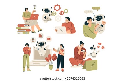 Artificial Intelligence Technology with People Character Interacting with Smart Bot Vector Set