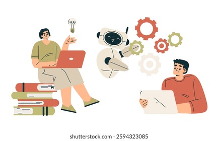 Artificial Intelligence Technology with People Character Interacting with Smart Bot Vector Set