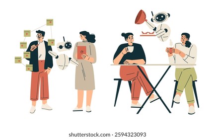 Artificial Intelligence Technology with People Character Interacting with Smart Bot Vector Set