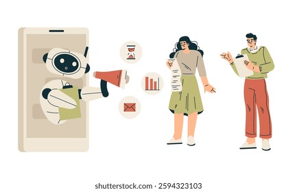 Artificial Intelligence Technology with People Character Interacting with Smart Bot Vector Set