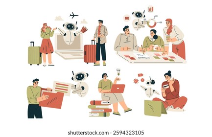 Artificial Intelligence Technology with People Character Interacting with Smart Bot Vector Set
