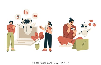 Artificial Intelligence Technology with People Character Interacting with Smart Bot Vector Set