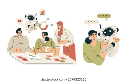 Artificial Intelligence Technology with People Character Interacting with Smart Bot Vector Set