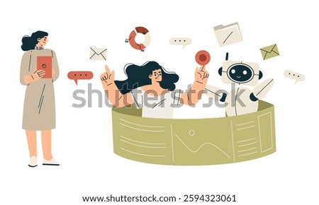 Artificial Intelligence Technology with People Character Interacting with Smart Bot Vector Set