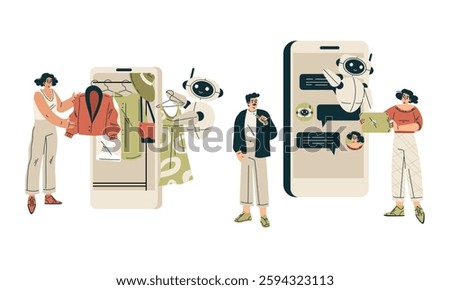 Artificial Intelligence Technology with People Character Interacting with Smart Bot Vector Set