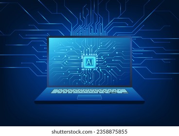 Artificial intelligence technology is present in the notebook. Behind the screen is a technology circuit board. The development of computer systems combined with AI to learn and respond to human use.
