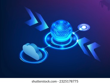 Die Technologie der künstlichen Intelligenz empfängt und übermittelt Daten, die mit einem Cloud-System verbunden sind. Die Übertragungsgeschwindigkeit wird durch einen Seitenpfeil dargestellt.