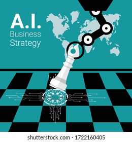 Artificial intelligence technology. Robot hand plays chess game on board. Robot's Arm makes a move with bishop. Business concept for machine learning, A.I. and disruption. Flat vector illustration