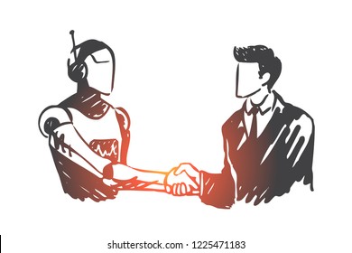 Artificial intelligence, technology, robot, mind, human concept. Hand drawn human shaking hands with robot concept sketch. Isolated vector illustration.