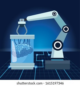 artificial intelligence technology robotic arm with human brain science futuristic vector illustration
