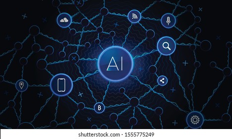 Artificial Intelligence Technology. Science Network Concept Background. Digital Neuron Data Structure Design. Ai Neural Learning System. Artificial Intelligence Blue Background. Cyber System Structure