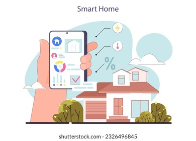 Artificial intelligence technology, smart home. Idea of wireless technology and automation og house applience. Electronic security, thermostat and light system. Flat vector illustration