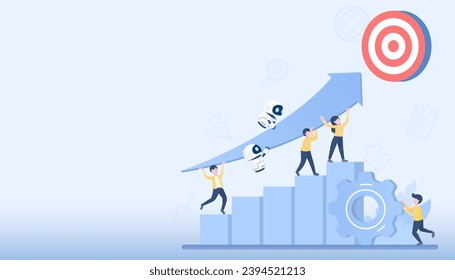 Artificial Intelligence technology and startup concept. Collaboration between human and ai robot to holding arrow pointing up to goal. Business growth, planning, thinking, competition, opportunity.