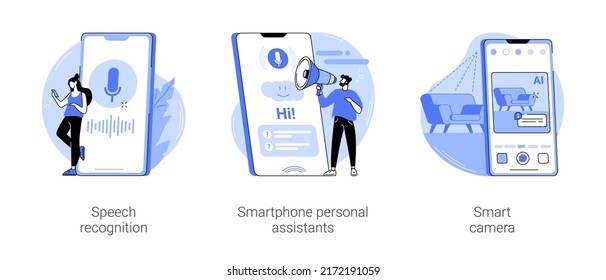 Artificial Intelligence technology use isolated cartoon vector illustrations set. Speech recognition app, smartphone personal voice assistants, smart camera, machine learning vector cartoon.