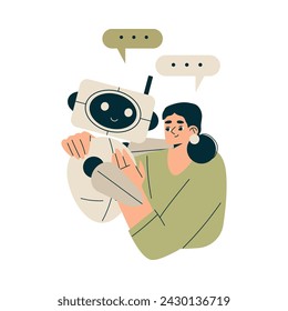 Artificial Intelligence Technology with Woman Character Have Chat with Bot Vector Illustration