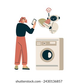 Artificial Intelligence Technology with Woman Character Do Laundry with Bot Vector Illustration