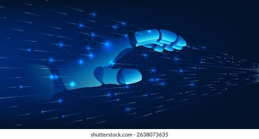 Artificial intelligence technology,robotic hand extending through the data line, represents the connection between robotic technology and digital data for processing and controlling intelligent system