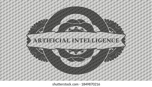 Artificial intelligence text inside grey pattern realistic badge. Trendy handsome background. Artistic illustration. 