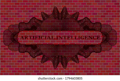 Texto de inteligencia artificial dentro del emblema realista de la pared de ladrillos de Guilloche. Los azulejos de fondo son delicados. Ilustración vectorial. 