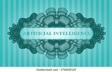 Artificial intelligence text inside Linear currency Turquoise color realistic emblem. Bars graceful background. Vector illustration. 