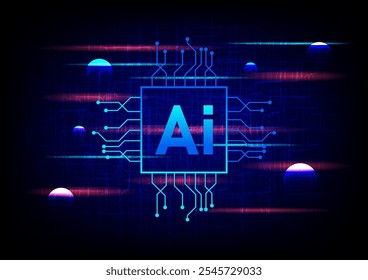Texto de inteligencia artificial en circuito de línea sobre fondo azul de la tecnología.