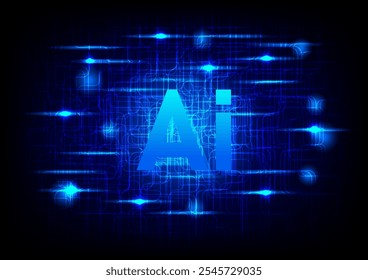Artificial Intelligence text on line circuit on blue technology background.