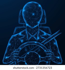 Artificial intelligence that controls transport. The figure of the driver behind the wheel of the car. The concept of autonomous driving, machine vision and intelligent control systems.