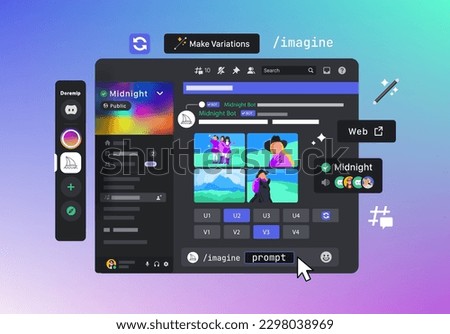Artificial Intelligence that creates Images from Textual descriptions. Chatbot in messaging social platform. Ai creates pictures. Messenger interface vector illustration 