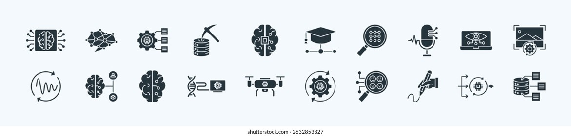 Artificial intelligence thin icon set containing machine learning, neural network, natural language processing, data mining, fuzzy logic
