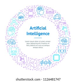 Artificial Intelligence Thin Line Banner Card Circle Element Web Design. Vector illustration of Icons Robot Computer Technology