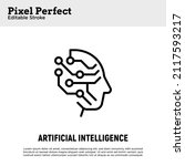 Artificial intelligence thin line icon. Deep learning. Human face with processor. Machine learning. Pixel perfect, editable stroke. Vector illustration.