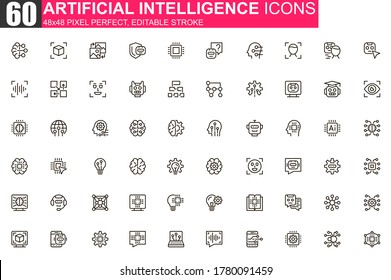 Artificial Intelligence Thin Line Icon Set. Machine Learning Outline Pictograms For Website And Mobile App GUI. Smart Technology Simple UI, UX Vector Icons. 48x48 Pixel Perfect Linear Pictogram Pack.