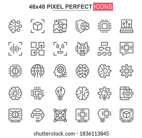 Artificial Intelligence Thin Line Icon Set. Machine Learning Outline Pictograms For Website And Mobile App GUI. Smart Technology Simple UI, UX Vector Icons. 48x48 Pixel Perfect Pictogram Pack.