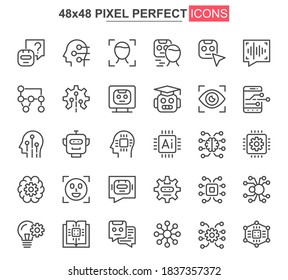 Artificial intelligence thin line icon set. Machine learning outline pictograms for website and mobile app GUI. Smart technology simple UI, UX vector icons. 48x48 pixel perfect pictogram pack.