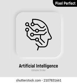 Artificial intelligence thin line icon. Deep learning. Human face with processor. Machine learning. Pixel perfect, editable stroke. Vector illustration.
