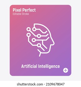 Artificial intelligence thin line icon. Deep learning. Human face with processor. Machine learning. Pixel perfect, editable stroke. Vector illustration.