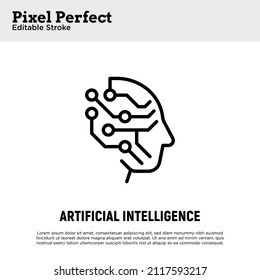 Artificial intelligence thin line icon. Deep learning. Human face with processor. Machine learning. Pixel perfect, editable stroke. Vector illustration.