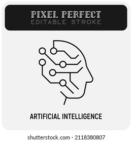 Artificial intelligence thin line icon. Deep learning. Human face with processor. Machine learning. Pixel perfect, editable stroke. Vector illustration.