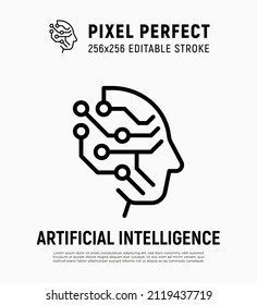 Artificial intelligence thin line icon. Deep learning. Human face with processor. Machine learning. Pixel perfect, editable stroke. Vector illustration.